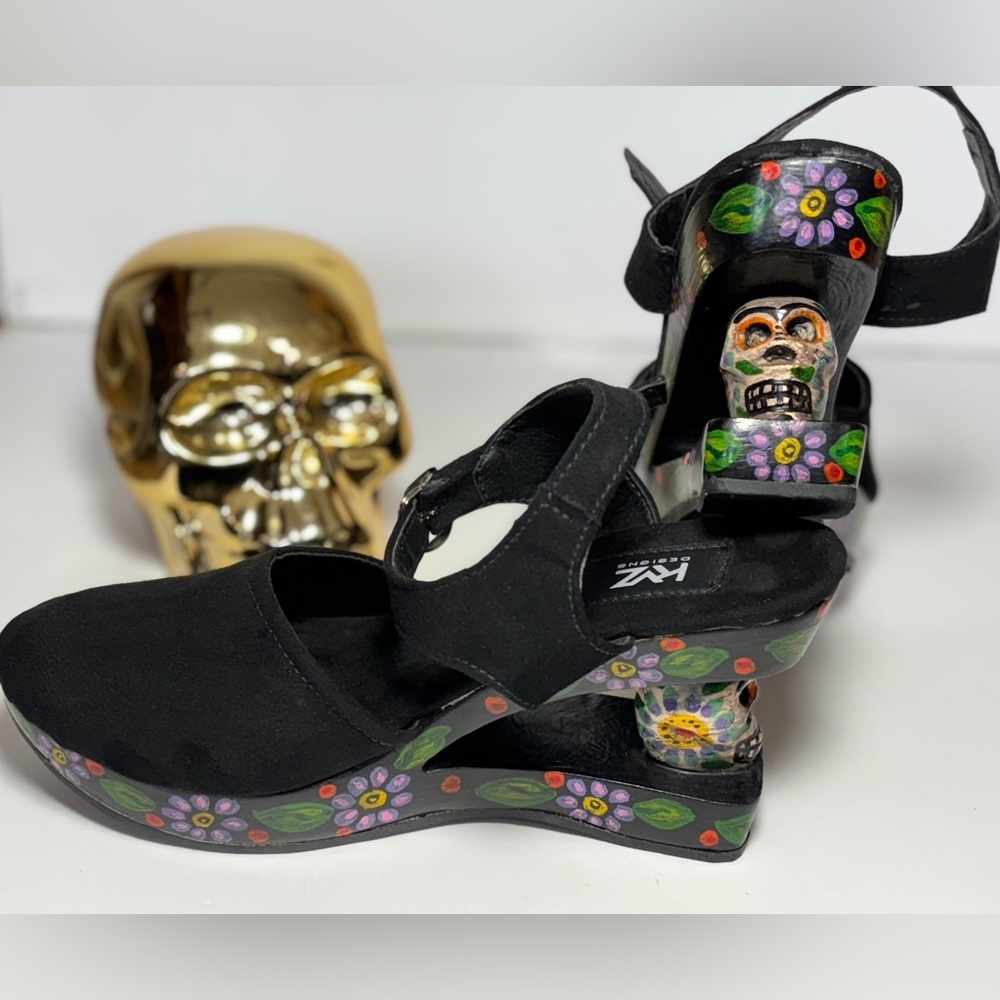 ONE OF A KIND Sugar Skull Mary Jane Handmade Wedge Platform Heel Punk Goth SZ7 - Picture 5 of 11